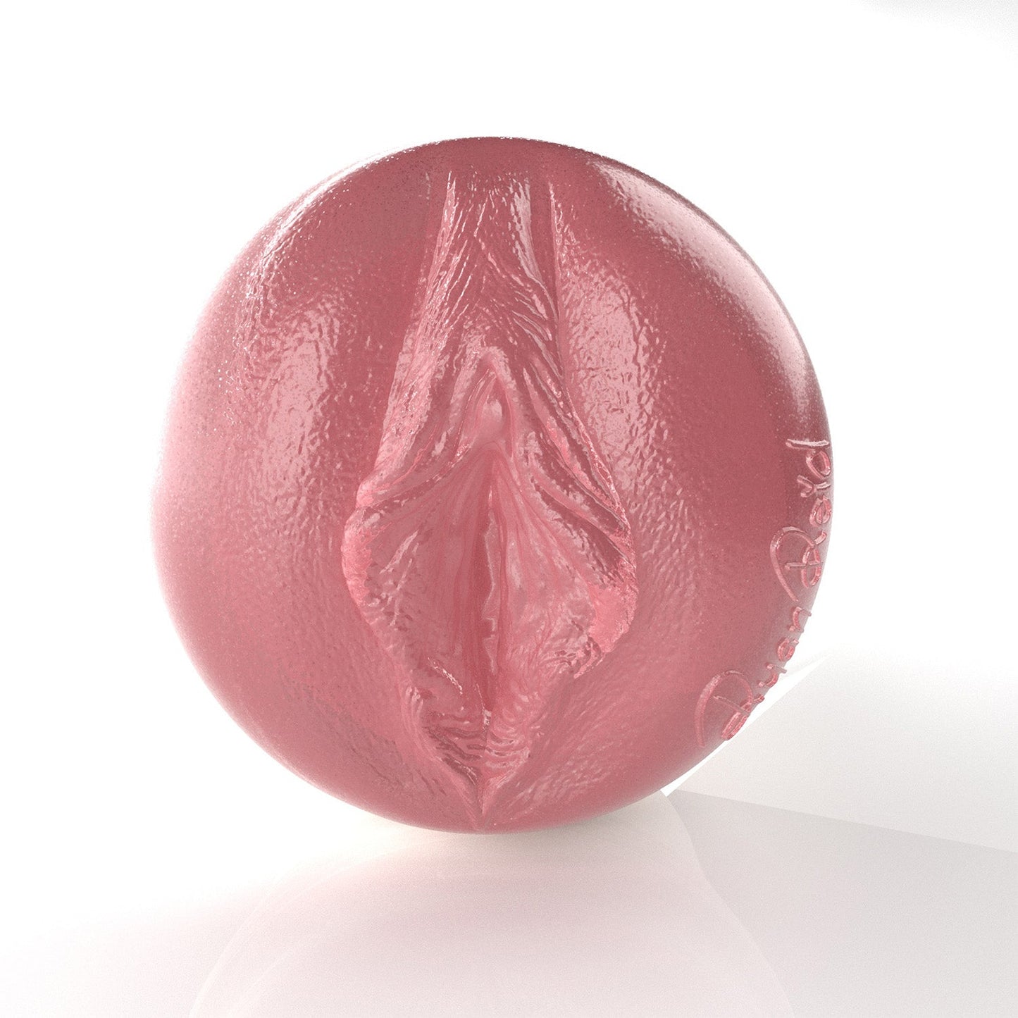 Straight on shot of Ryan Reid's Pink translucent pussy stroker.